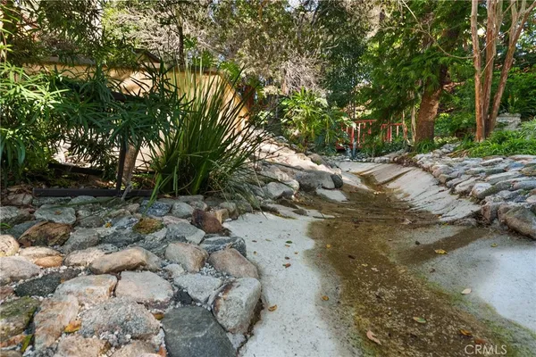a view of a yard with plants and trees