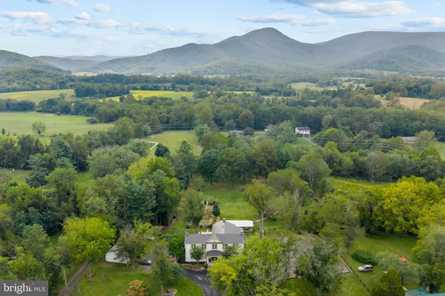 an aerial view of green landscape with trees houses and mountain view