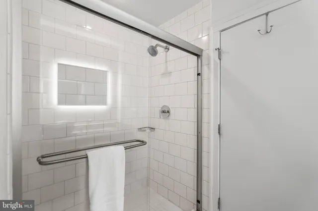 a bathroom with a shower and a sink