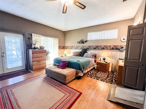a bedroom with furniture and a wooden floor