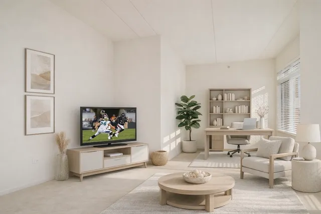 a living room with furniture a rug and a large window