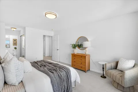 a bedroom with a bed and a couch