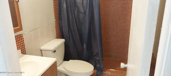 a white toilet sitting next to a shower curtain