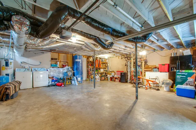 a view of a garage with storage