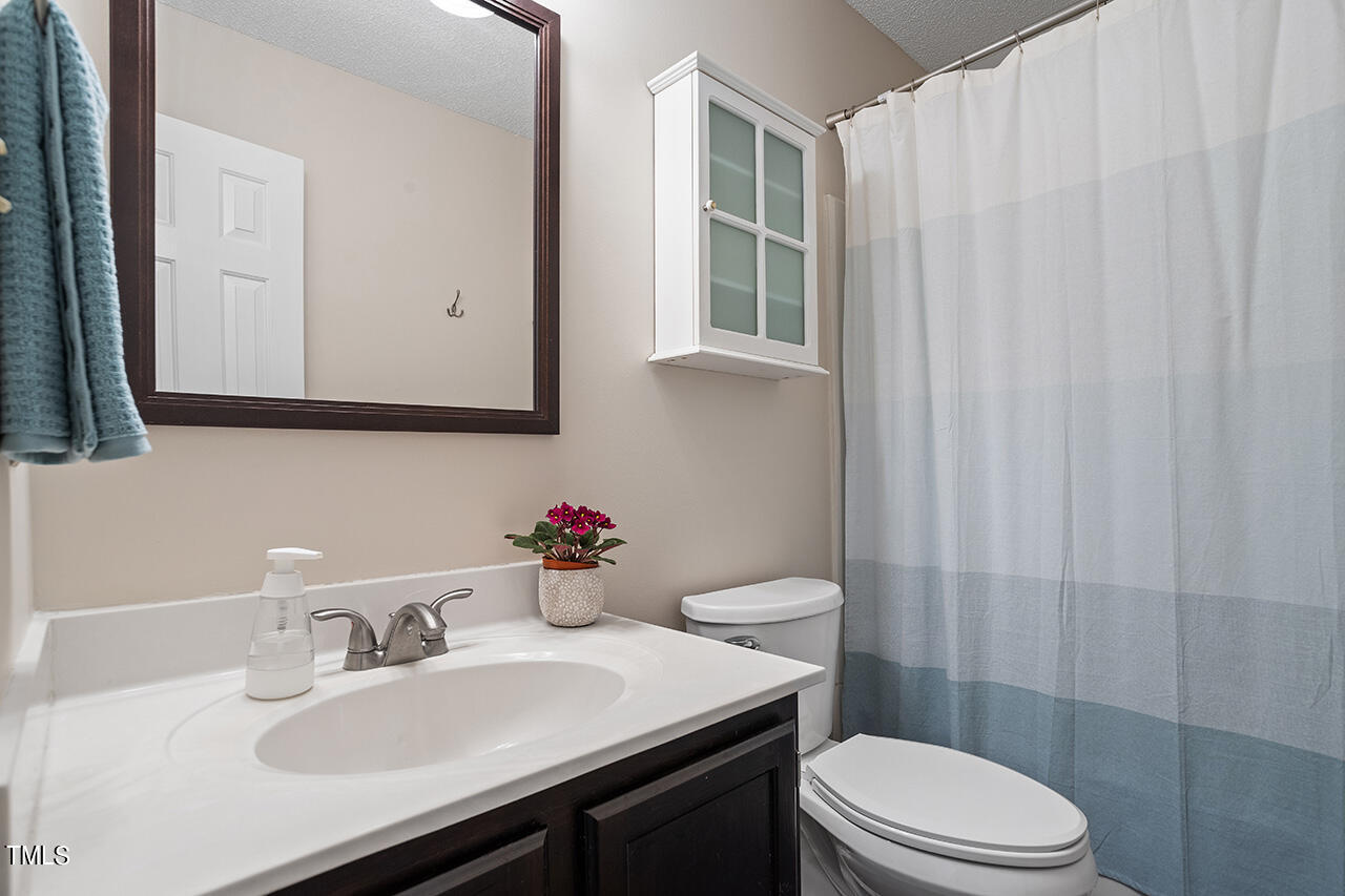 107 Long Shadow Place Durham, NC 27713 - Photo 22 of 31 a bathroom with a sink a toilet and shower curtain