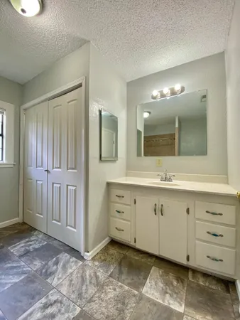 a spacious bathroom with a mirror sink and cabinets