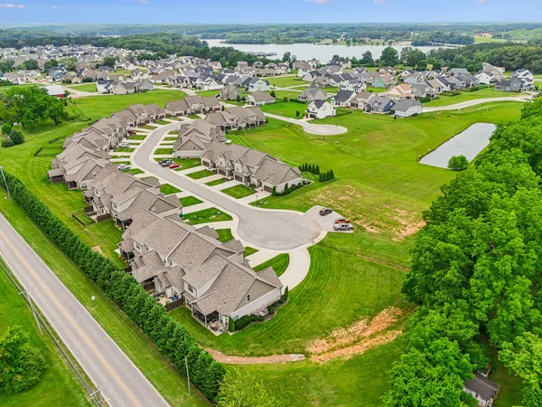 an aerial view of a house with a garden