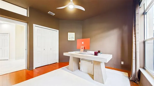 a view of a porch with seating space