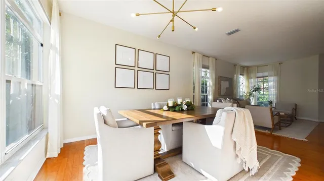 a view of a dining room with furniture and wooden floor