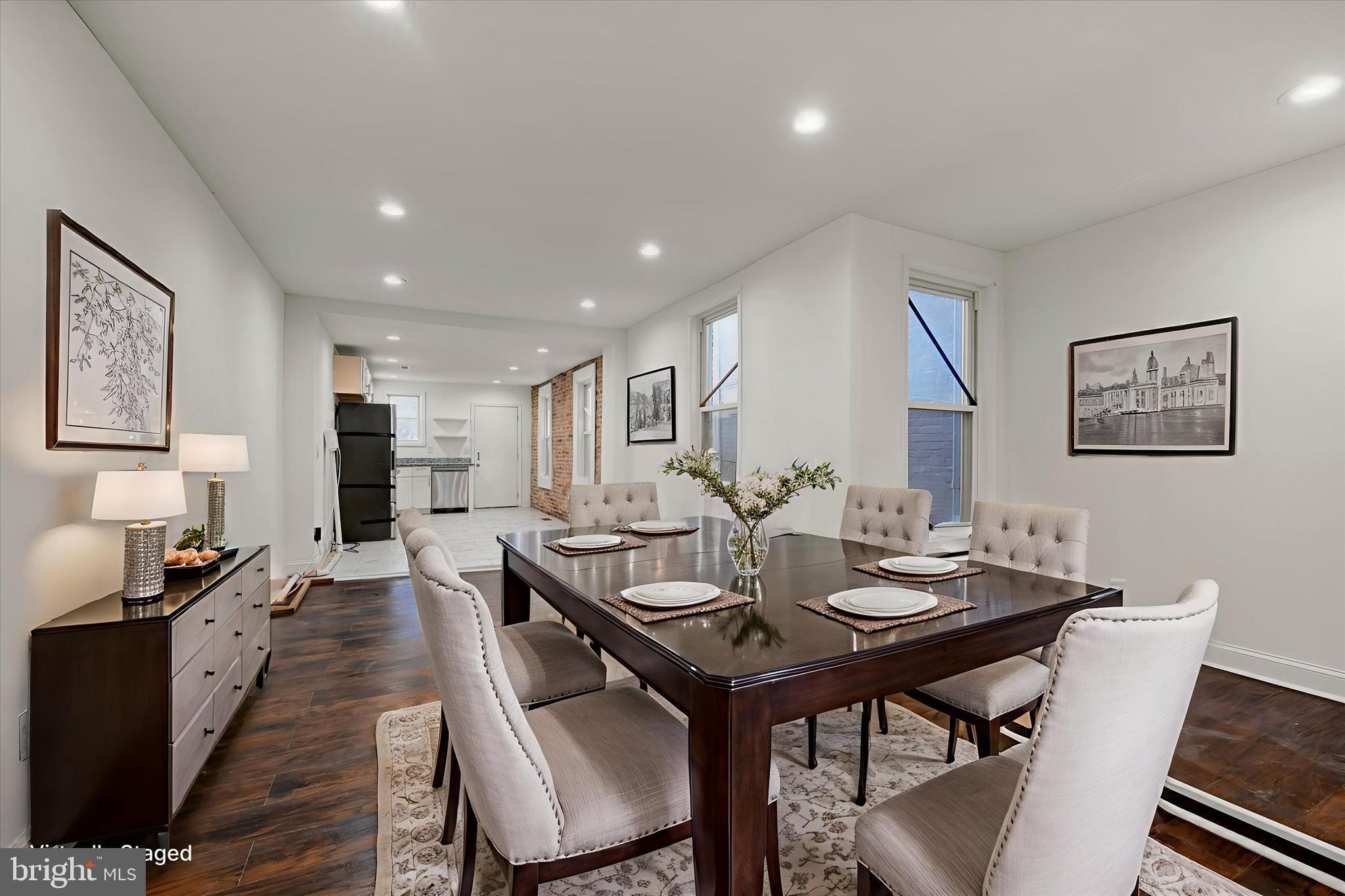 a view of a dining room with furniture