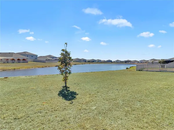 a view of a lake with a city