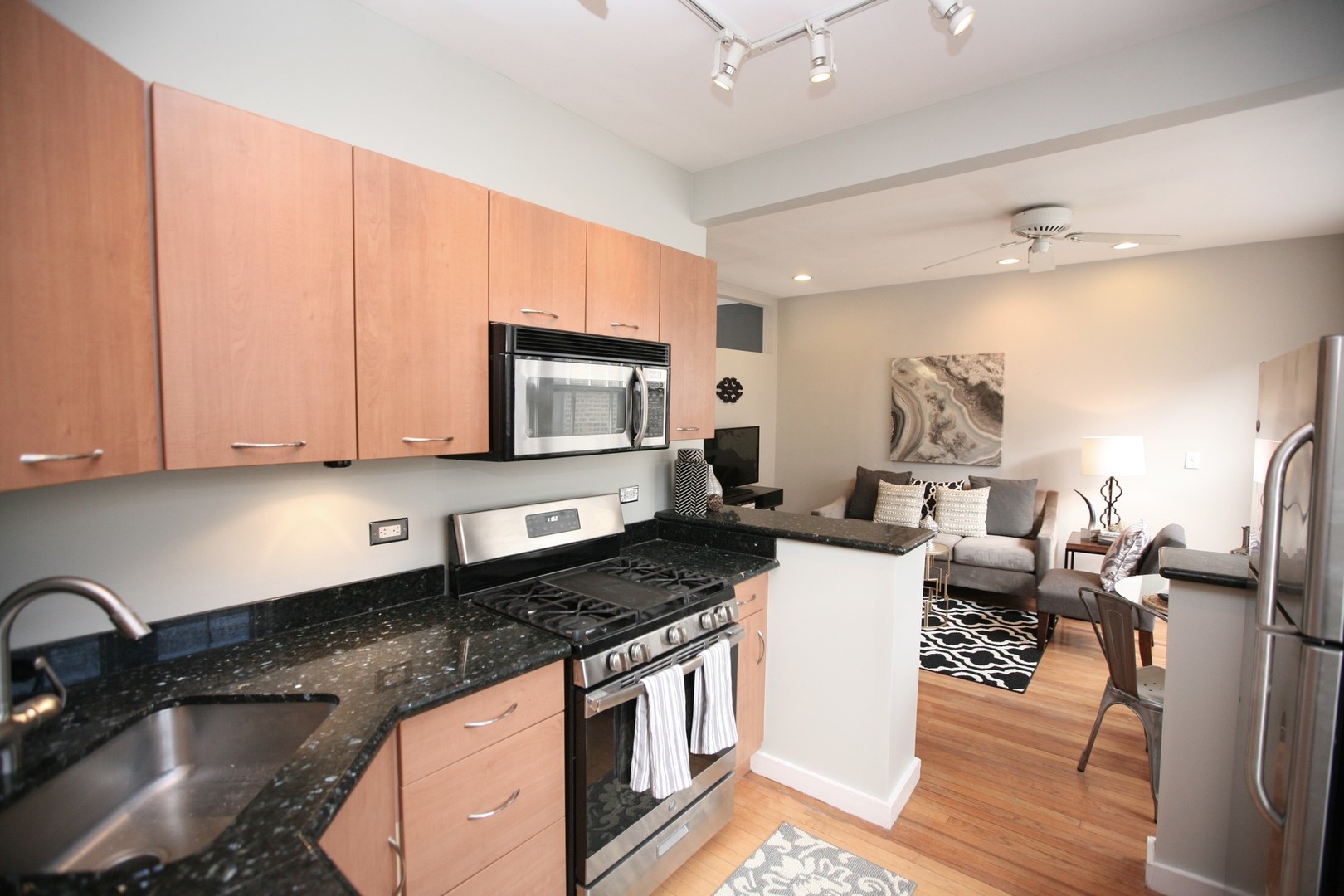 438 West Surf Street, Unit 3B Chicago, IL 60657 - Photo 6 of 36 a kitchen with stainless steel appliances granite countertop a stove a sink and a microwave