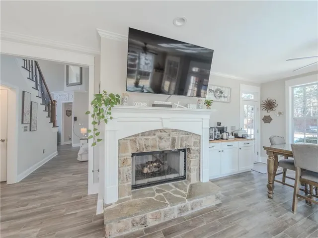a view of a dining room with furniture window and outside view