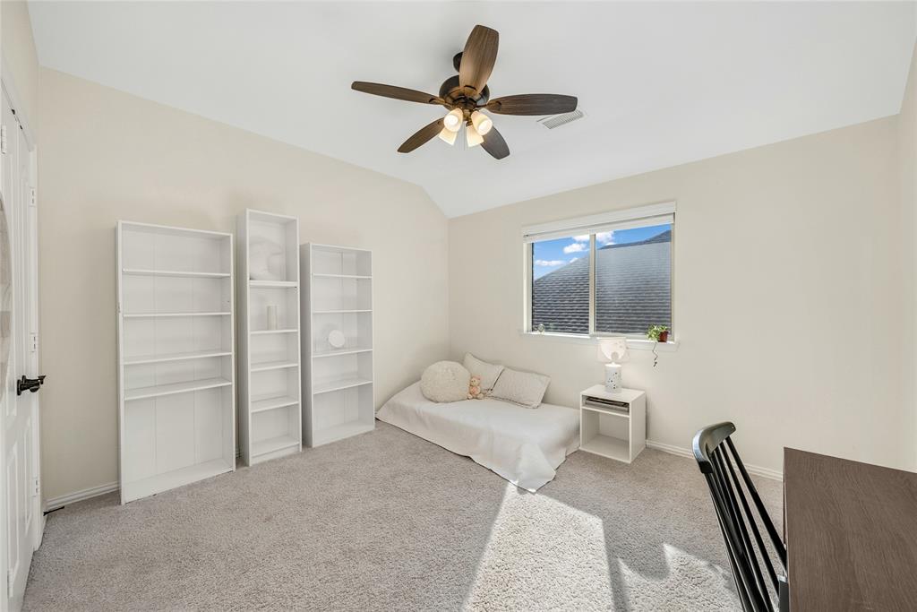 2203 Vista Ridge Road Melissa, TX 75454 - Photo 22 of 40 Bedroom featuring carpet floors, lofted ceiling, and ceiling fan