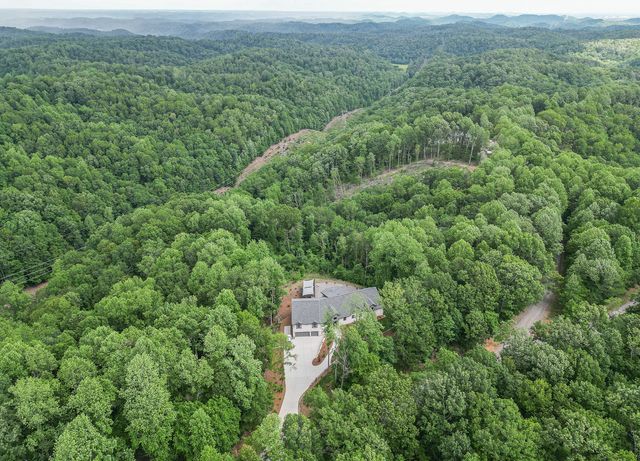 an aerial view of a house with garden space and trees