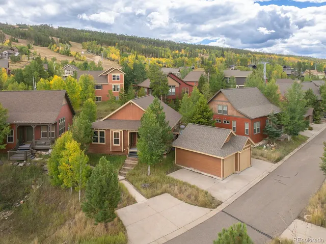 an aerial view of residential houses with outdoor space and swimming pool