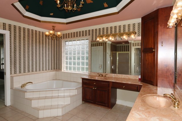 157 Gates Road Lizella, GA 31052 - Photo 19 of 30 a bathroom with a tub a double vanity sink and a large mirror