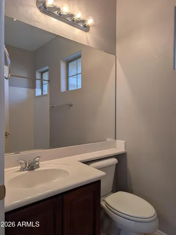a bathroom with a sink a toilet and mirror