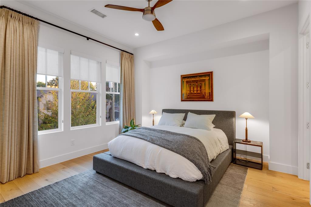 5531 Goodwin Avenue Dallas, TX 75206 - Photo 32 of 39 Bedroom featuring light wood-type flooring, ceiling fan, and recessed lighting