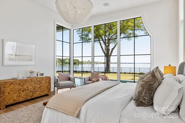 a bedroom with a bed and a large window