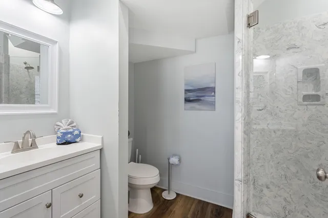 a bathroom with a sink a toilet a shower and a mirror