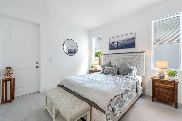 a bedroom with a bed and a closet