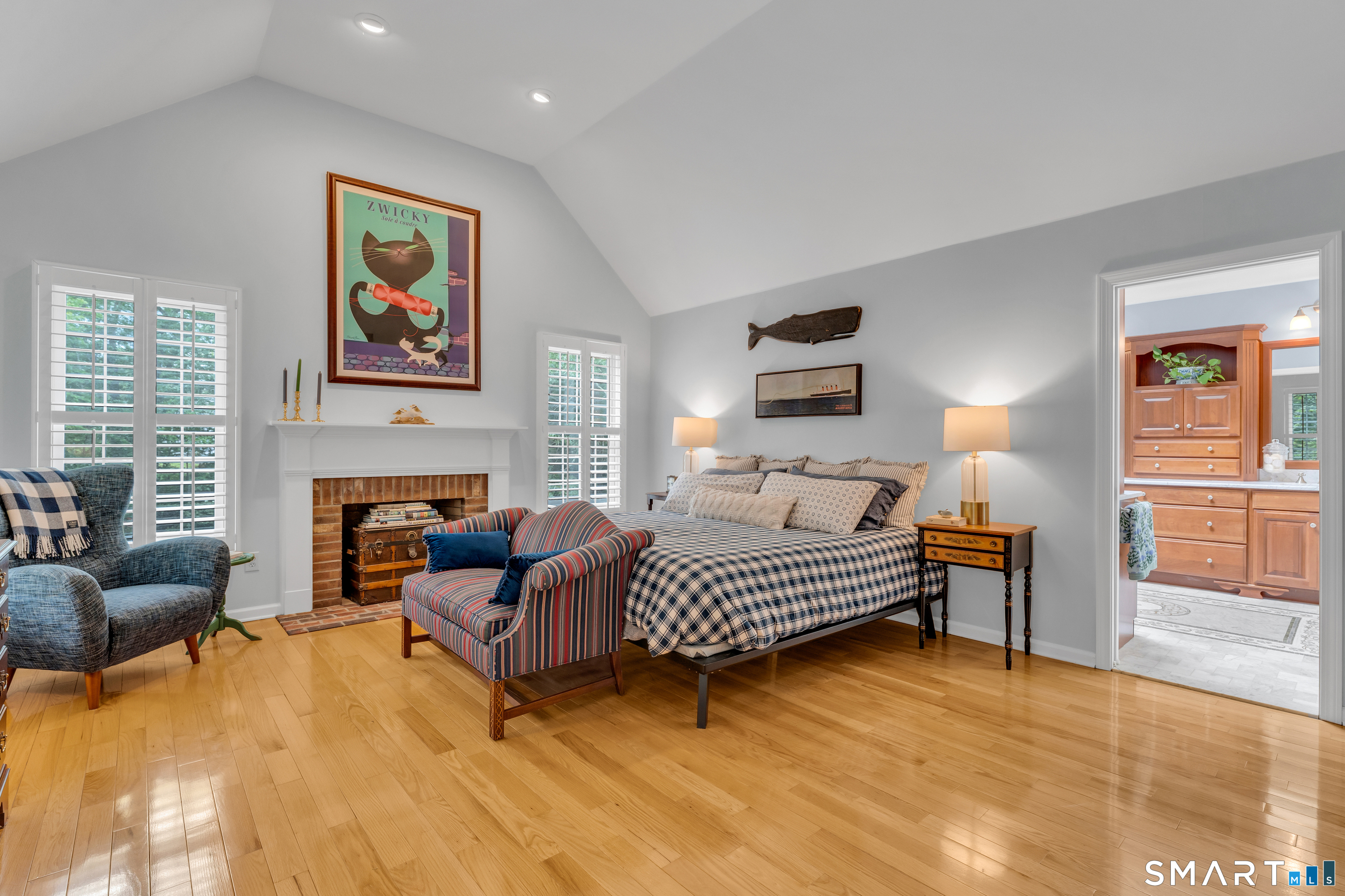 46 Laurel Cliffs Road Guilford, CT 06437 - Photo 16 of 40 The Primary Bedroom is large with a cathedral ceiling and fireplace.