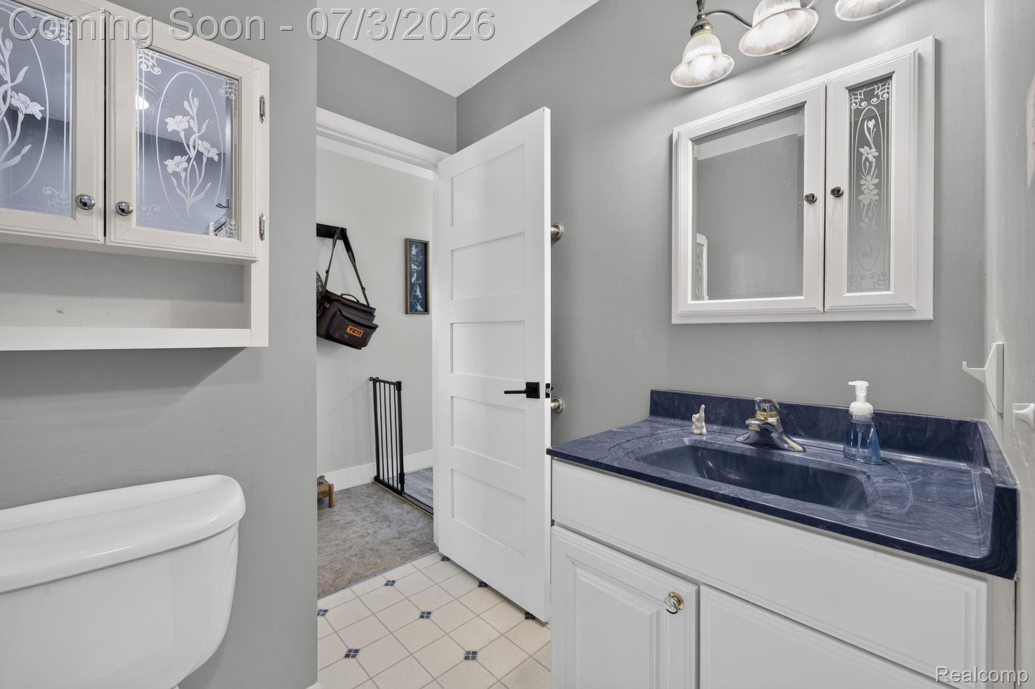 5355 North Seymour Road Flushing, MI 48433 - Photo 19 of 41 Bathroom featuring a white vanity with a blue countertop and integrated sink, a matching medicine cabinet with frosted glass accents, and a complementary wall cabinet with frosted glass inserts