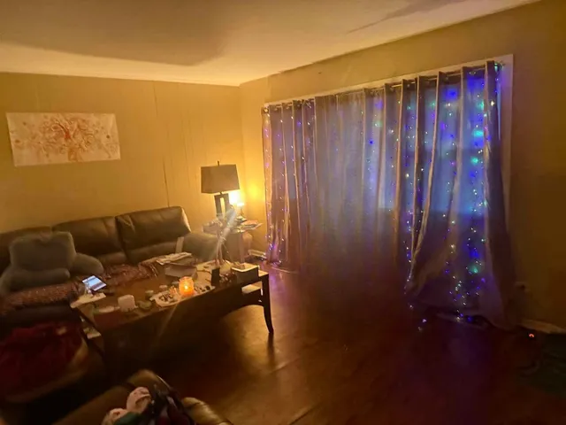 a view of a livingroom with furniture and hardwood floor