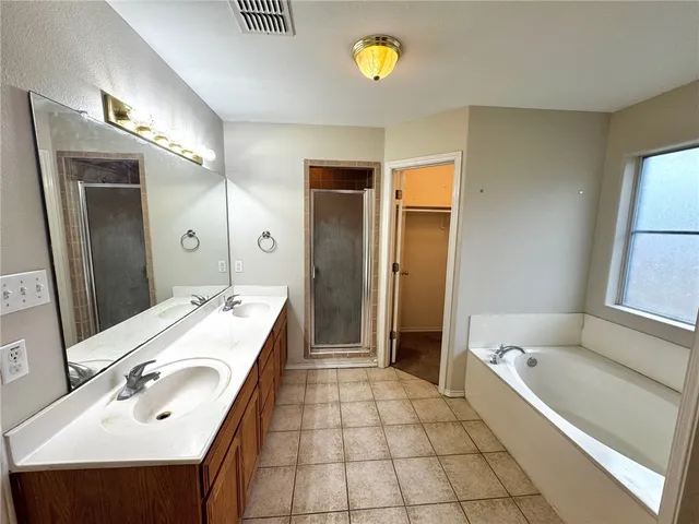 a bathroom with a tub sink and mirror