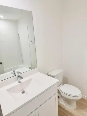 a bathroom with a sink a toilet and mirror