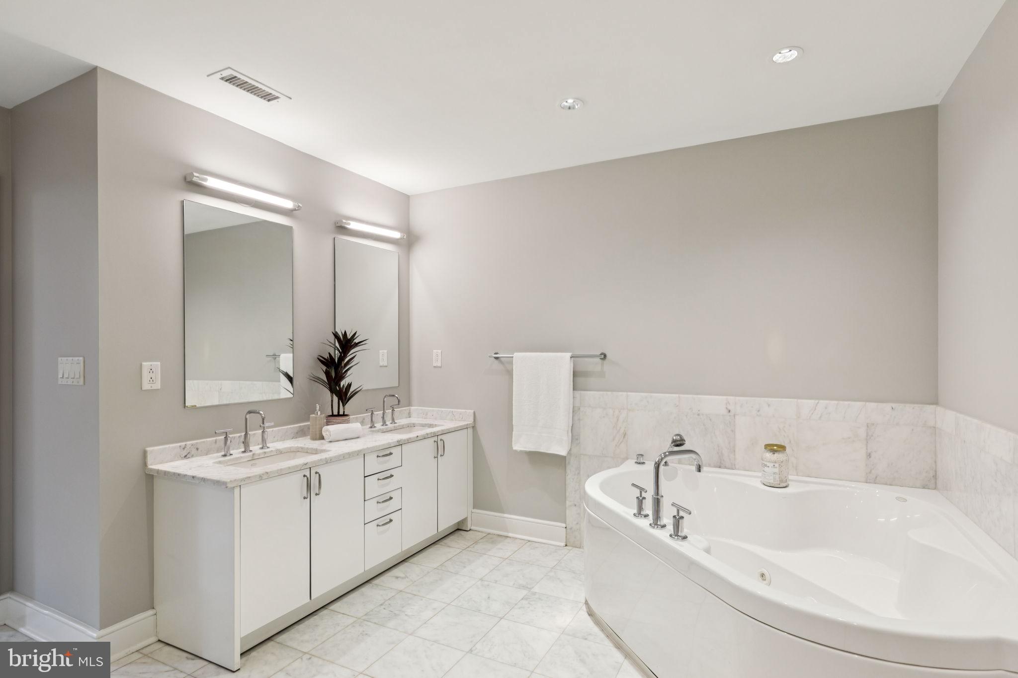 1515 Locust Street, Unit 800 Philadelphia, PA 19102 - Photo 42 of 59 a bathroom with a bathtub a double vanity sink and mirror