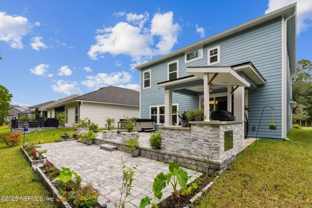 front view of a house with a patio