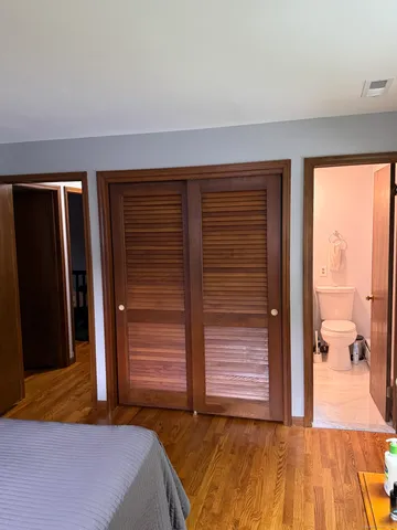 a bedroom with a bed and a walk in closet