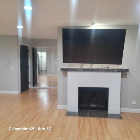 a view of empty room with wooden floor and fireplace