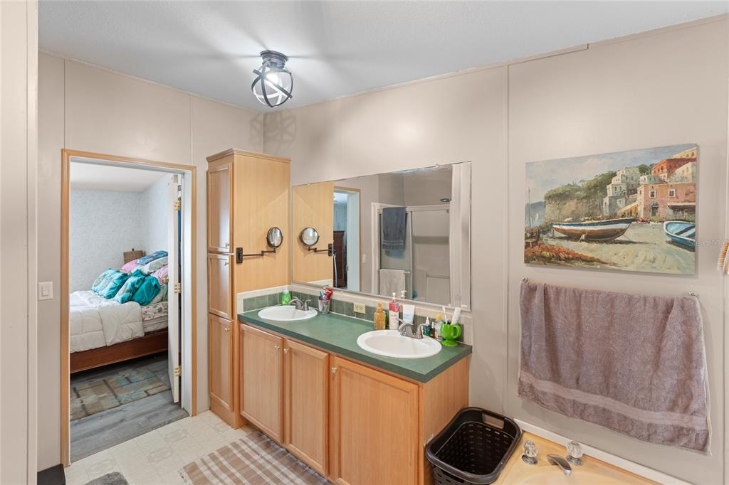 5670 Acadia Street Keystone Heights, FL 32656 - Photo 40 of 65 a bathroom with a sink a mirror and a shower
