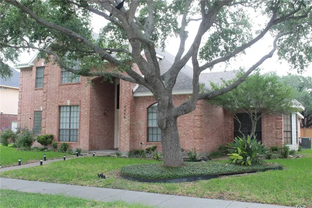 a tree in front of a brick house with a large tree