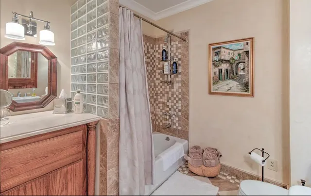a bathroom with a sink a toilet and shower curtain