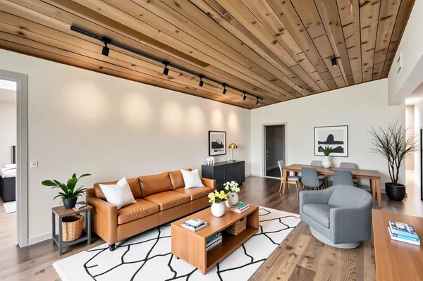 a living room with furniture and wooden floor