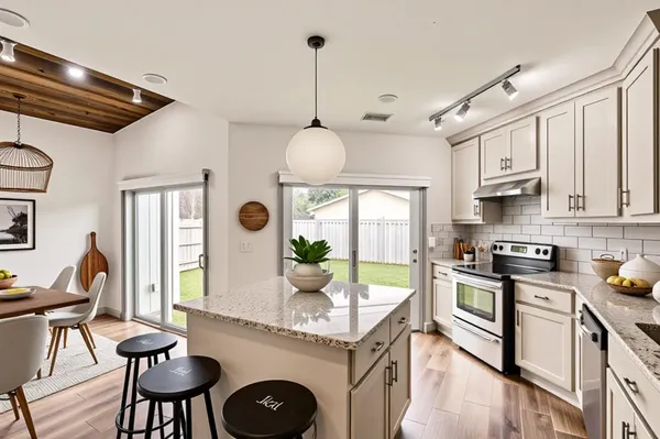 a kitchen with stainless steel appliances granite countertop a stove a sink dishwasher a dining table and chairs with wooden floor