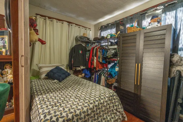 a bed room with a bed and a walk in closet