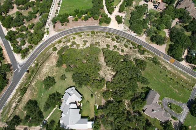 an aerial view of a swimming pool