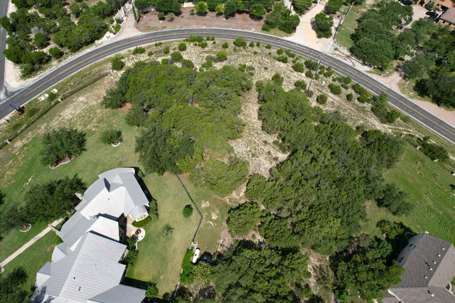 an aerial view of a swimming pool with a yard and plants