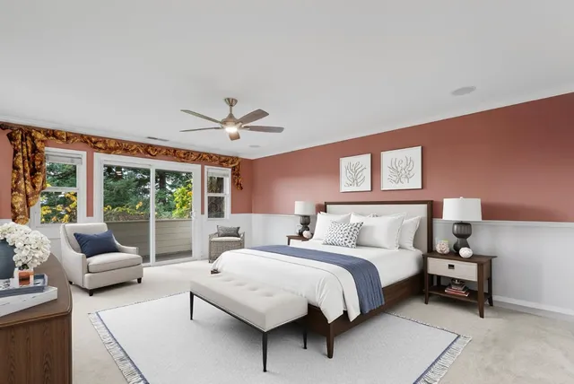 a bathroom with a tub sink and mirror