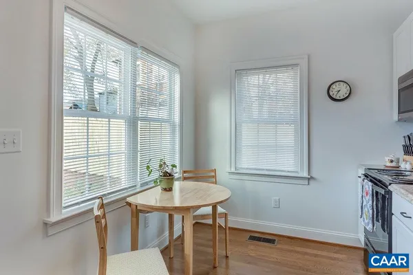 a view of a dining room with furniture window and wooden floor