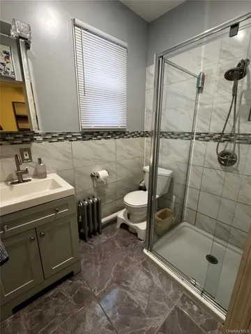 a bathroom with a double vanity sink toilet and shower