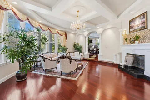 a living room with furniture fireplace and potted plants