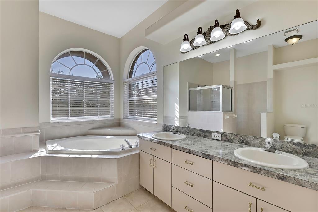 12403 Centennial Street Spring Hill, FL 34609 - Photo 31 of 62 a bathroom with a granite countertop bathtub a sink and a window