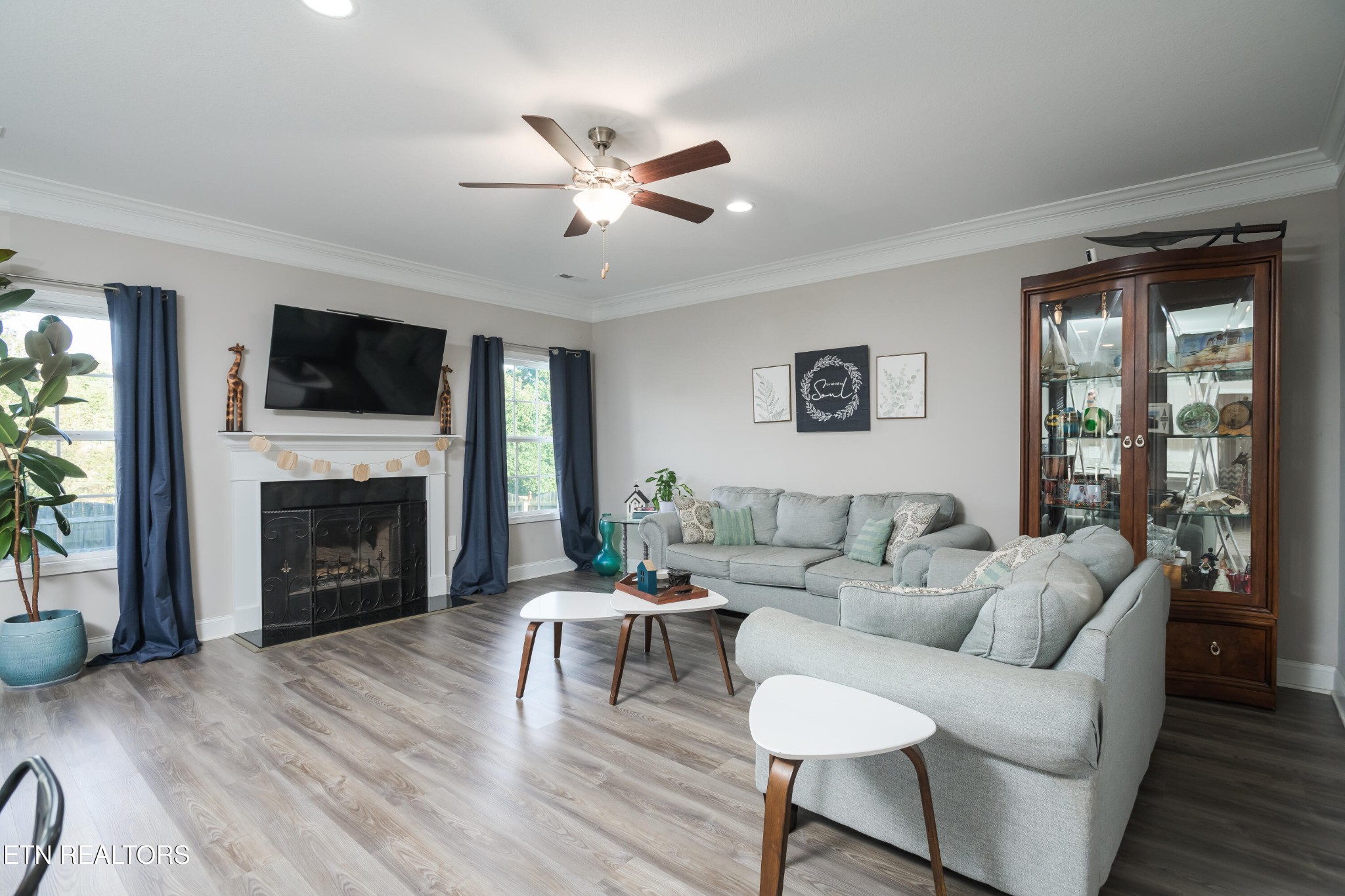 8232 Zodiac Lane Powell, TN 37849 - Photo 7 of 22 a living room with furniture a flat screen tv and a fireplace