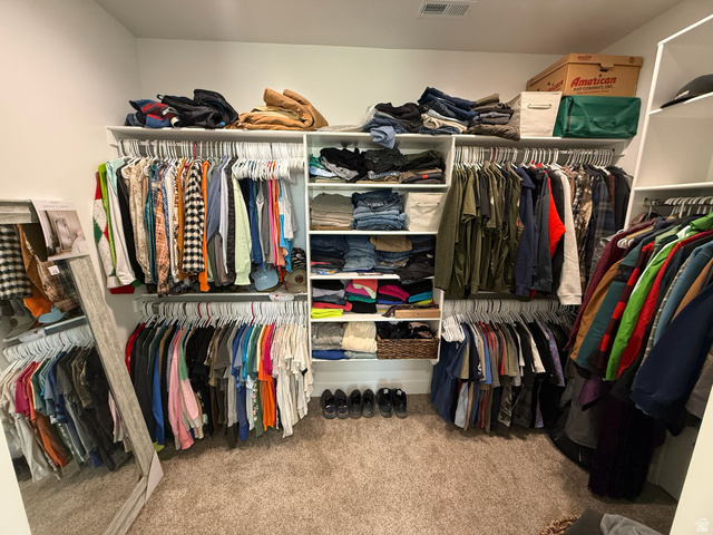3550 North River Ln Road East Panguitch, UT 84759 - Photo 18 of 25 Expansive walk-in closet featuring white built-in shelving, multiple hanging rods, and an overhead lighting fixture
